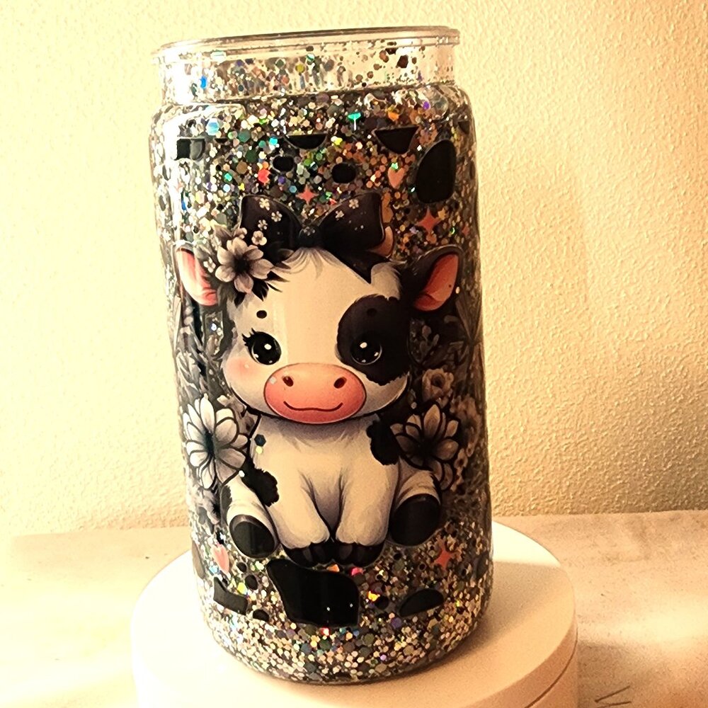 Handmade Glitter Snow Globe Cup 16 Oz. Acrylic Calf Lid & Straw Slow Flow. B/116
